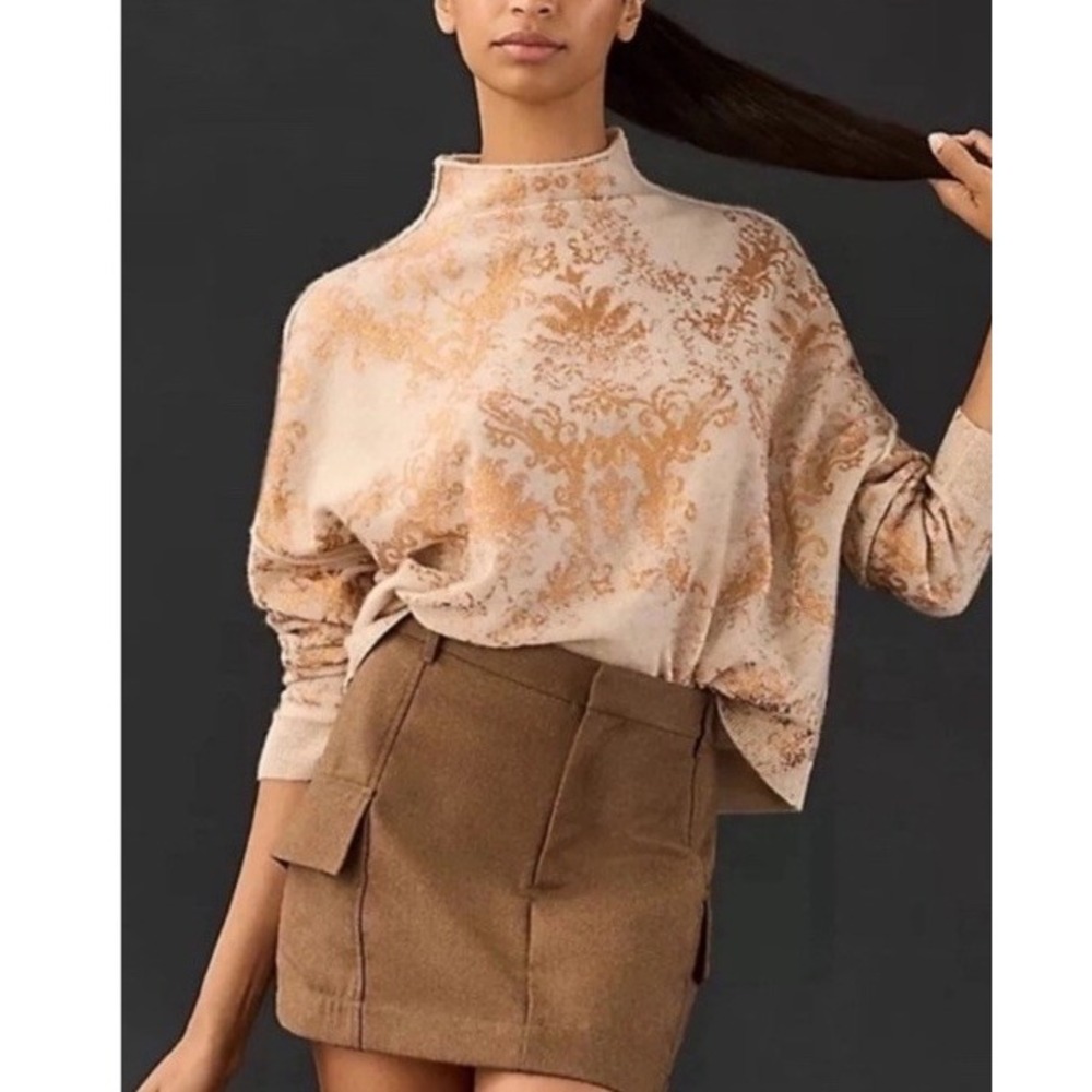 Pilcro Alani 100% Cashmere Sweater S Beige Gold Foil Baroque Anthropologie